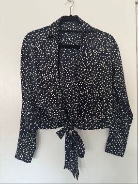 Navy Tie-Front Polka Dot Blouse